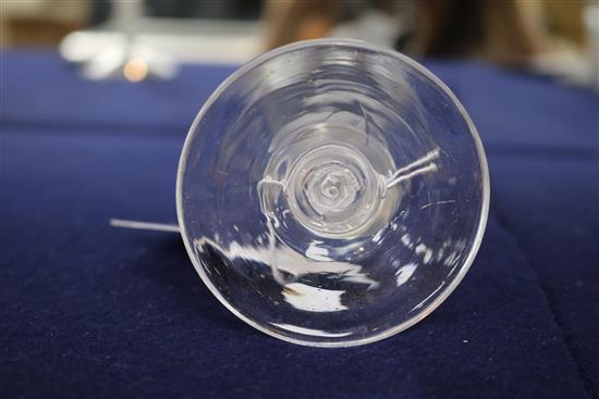 A wine glass, c.1770, with bucket bowl etched with floral sprigs, multi series opaque twist stem, 5.5in.